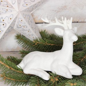 Biały leżący renifer brokatowy-ozdoba bożonarodzeniowa wys 15 cm