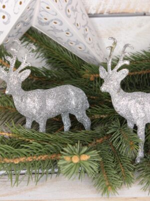 Srebrny renifer brokatowy-ozdoba bożonarodzeniowa wys 13 cm