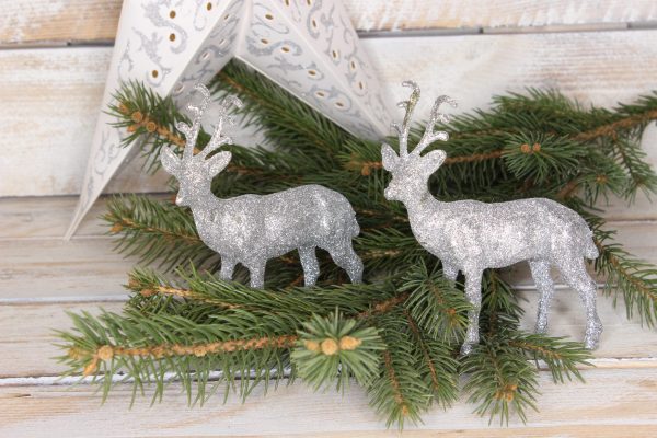 Srebrny renifer brokatowy-ozdoba bożonarodzeniowa wys 13 cm