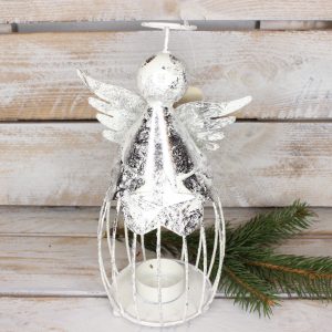 Świecznik aniołek grubasek wykonany z metalu w kolorze srebrnym wys 25 cm